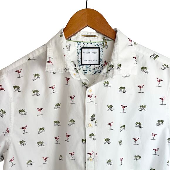 Denim & Flower Short Sleeve Button Up Shirt Mens LARGE Flamingo Palm Trees Print - Picture 2 of 10